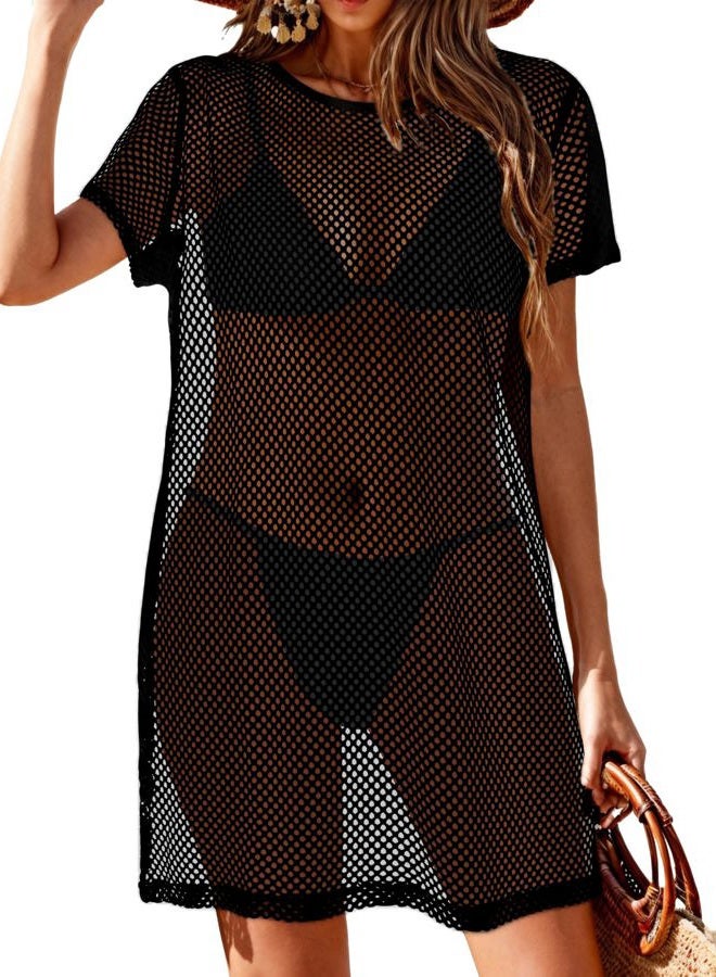 CHICGAL Womens Bathing Cover Ups Knit Bikini Short Sleeve Swimsuit Coverup Summer Swimwear Hollow Out Beach Dress, Black, M - Image 1