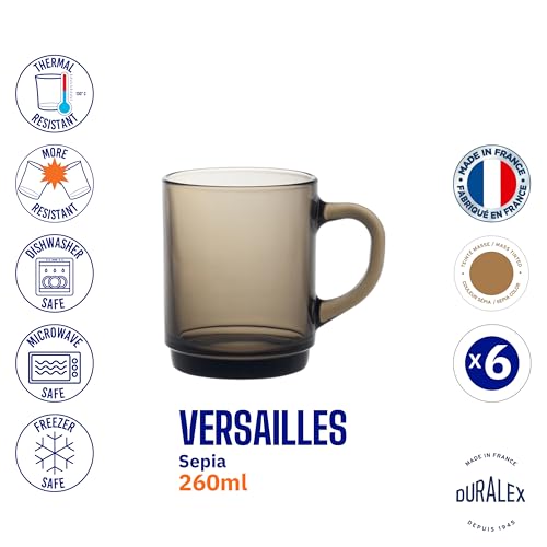 Duralex® Versailles Sepia (Brown) Tempered Glass Mugs | 260ml Set of 6 | Ultra-Resistant, Stackable Coffee & Tea Mugs | Microwave & Dishwasher Safe | Giftable Mug Set - Image 4