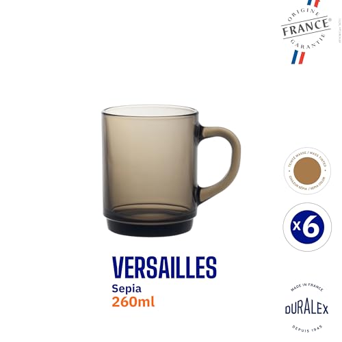 Duralex® Versailles Sepia (Brown) Tempered Glass Mugs | 260ml Set of 6 | Ultra-Resistant, Stackable Coffee & Tea Mugs | Microwave & Dishwasher Safe | Giftable Mug Set - Image 3