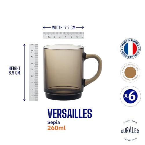 Duralex® Versailles Sepia (Brown) Tempered Glass Mugs | 260ml Set of 6 | Ultra-Resistant, Stackable Coffee & Tea Mugs | Microwave & Dishwasher Safe | Giftable Mug Set - Image 5