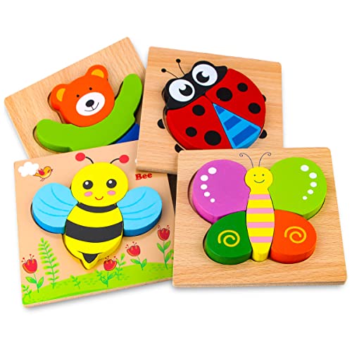 SKYFIELD Wooden Animal Puzzles for Toddlers 1 2 3 Years Old, Boys & Girls Educational Toys Gift with 4 Animal Patterns, Bright Vibrant Color Shapes, Customize Gift Box Ready - Image 1