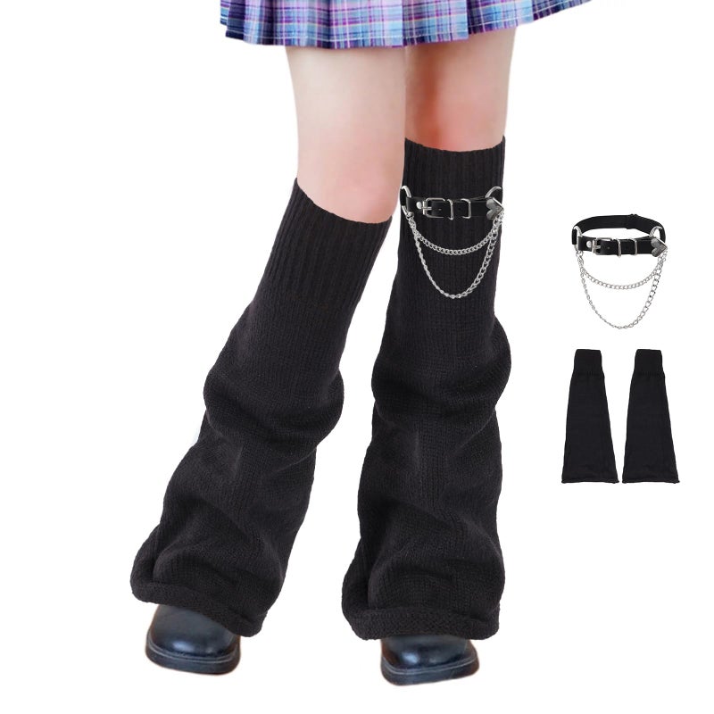 Junely Leg Warmers Kawaii Leg Warmer Cute Legwarmers with Garter Belt Adjustable Japanese Socks Halloween Emo Lolita Gyaru Harajuku Accessories Black - Image 1