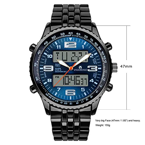 VIGOROSO Men's LED Analog Digital Date Week Sports Outdoor Steel Blue Dial Watch - Image 3