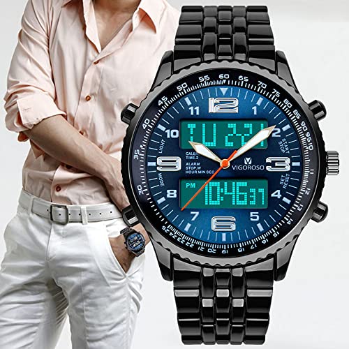 VIGOROSO Men's LED Analog Digital Date Week Sports Outdoor Steel Blue Dial Watch - Image 5