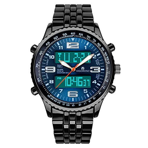 VIGOROSO Men's LED Analog Digital Date Week Sports Outdoor Steel Blue Dial Watch - Image 1