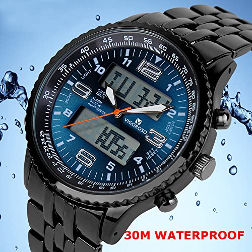 VIGOROSO Men's LED Analog Digital Date Week Sports Outdoor Steel Blue Dial Watch - Image 4