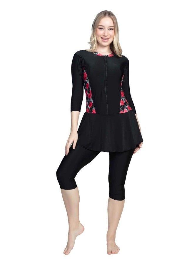 Aquado Womens Swim Suit with Removable Bra Pads Frock Style with Zipper (in, Alpha, L, Regular, Standard, Black RED) - Image 2
