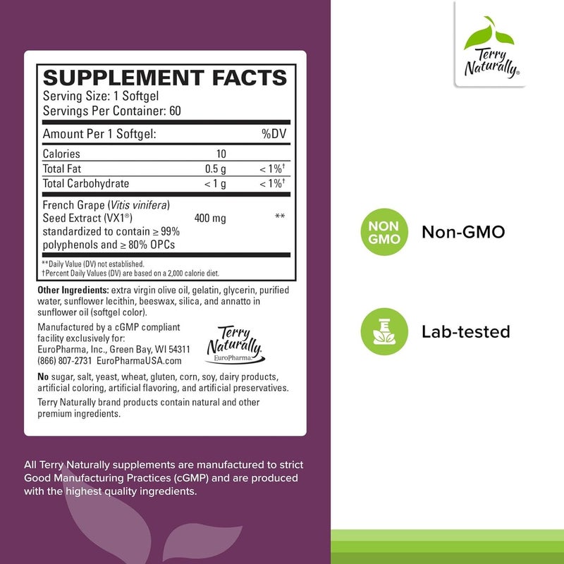 Terry Naturally Clinical OPC Extra Strength  Cardiovascular Health  Focus Support  Supplement with Grape Seed Extract  Immune Support Supplement  60 Softgels - Image 2