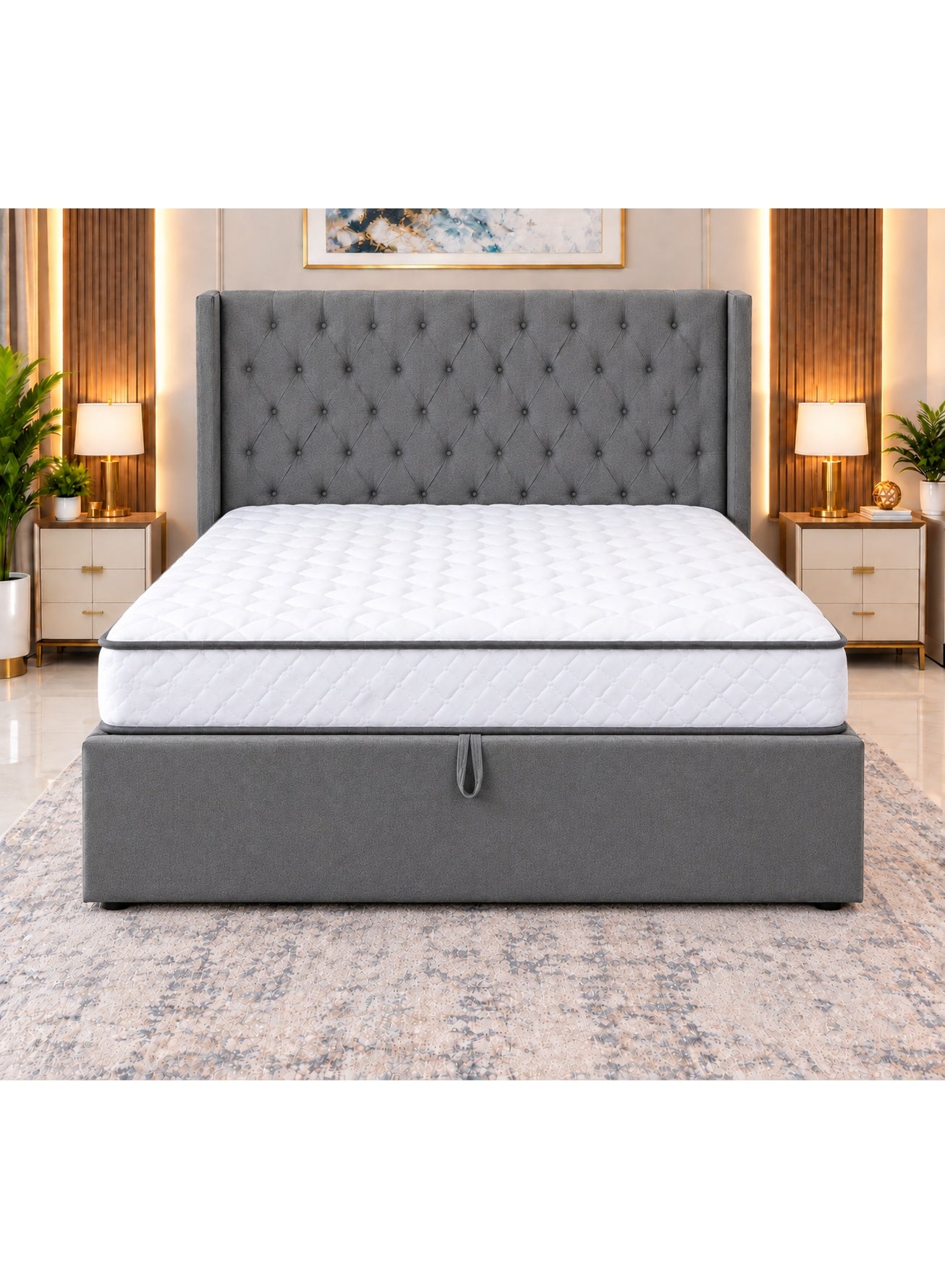 Hydraulic Storage Bed with Mattress | Queen King Size Bed Frame | Metal Platform Bed Frame | Upholstered Tufted Headboard | Lift Up Under Bed Storage | Modern Bedroom Furniture
