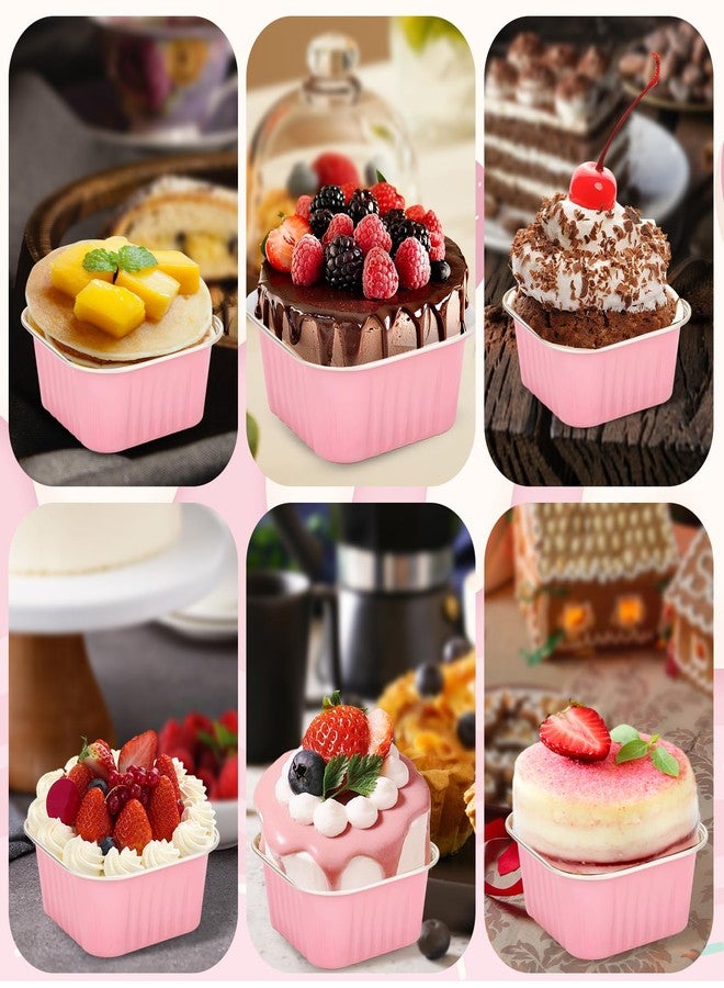 ylnurac 100Pack 5oz Pink Mini Cake Pans with Lids Baking Cups Aluminum Foil Pans Tins, Individual Dessert Cups Containers for Sales,Party,Picnics - Image 4