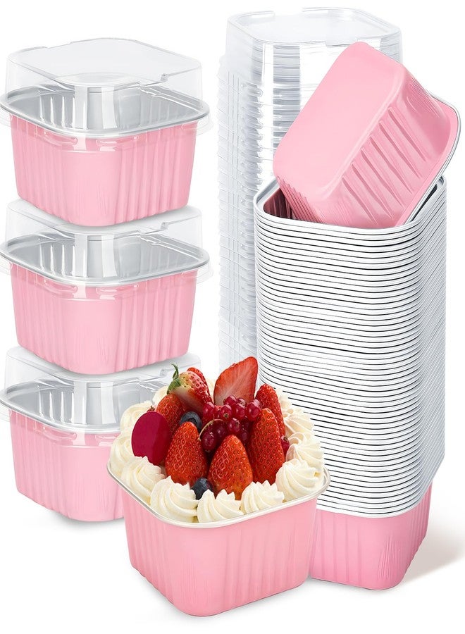 ylnurac 100Pack 5oz Pink Mini Cake Pans with Lids Baking Cups Aluminum Foil Pans Tins, Individual Dessert Cups Containers for Sales,Party,Picnics - Image 1