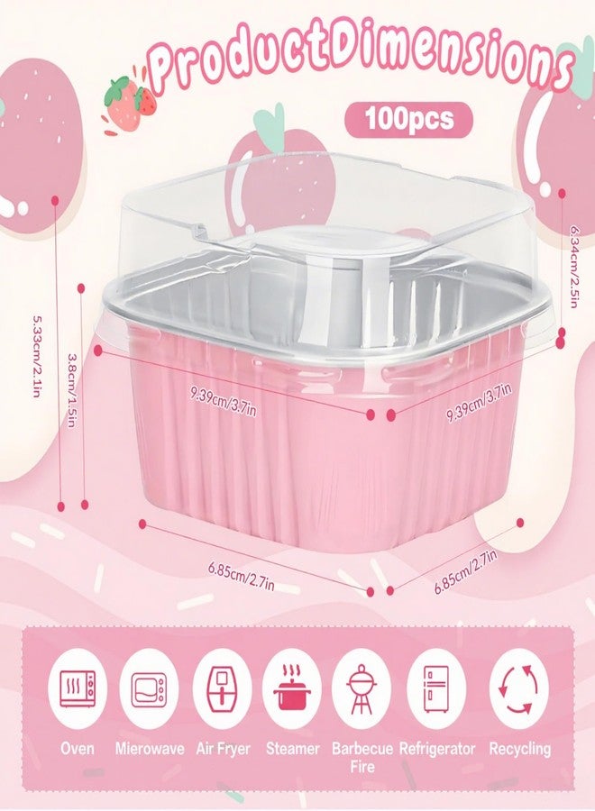 ylnurac 100Pack 5oz Pink Mini Cake Pans with Lids Baking Cups Aluminum Foil Pans Tins, Individual Dessert Cups Containers for Sales,Party,Picnics - Image 3