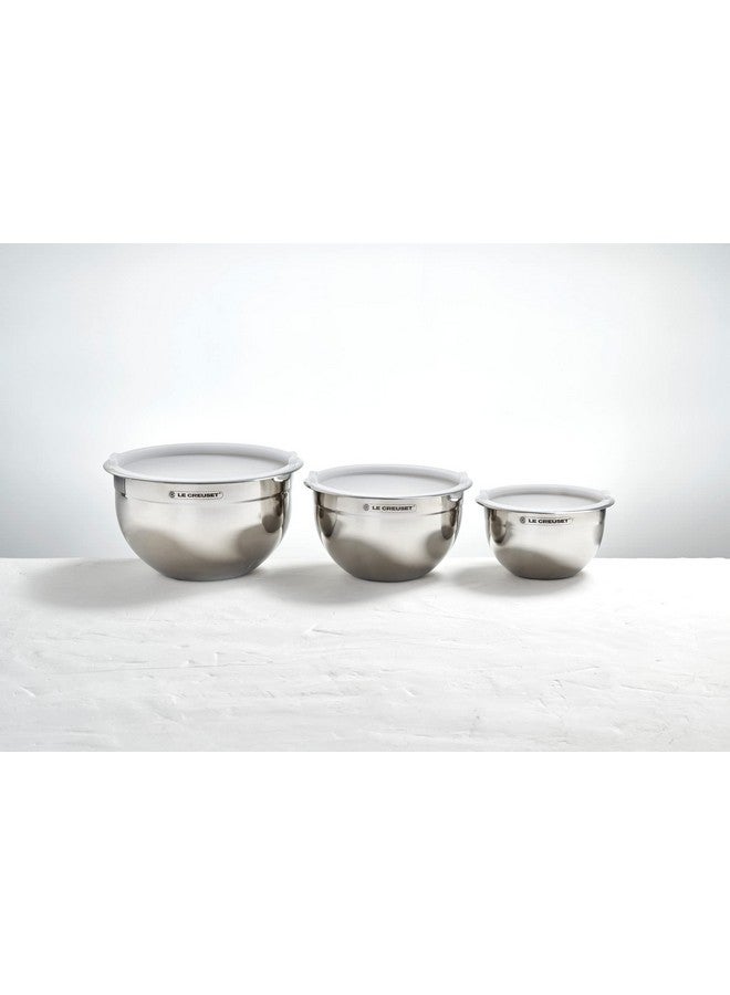 Le Creuset Le Creuset Set of 3 Nested Mixing Bowls w/Nonslip Silicone Base & Plastic Air Tight Lids, Large, Stainless Steel  - Image 3