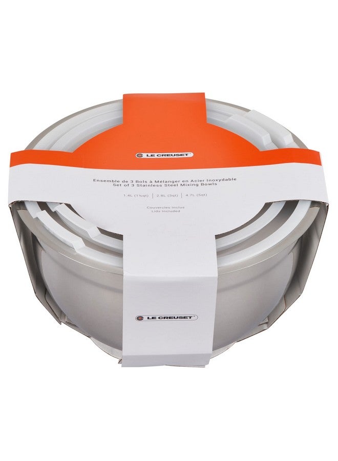 Le Creuset Le Creuset Set of 3 Nested Mixing Bowls w/Nonslip Silicone Base & Plastic Air Tight Lids, Large, Stainless Steel  - Image 2