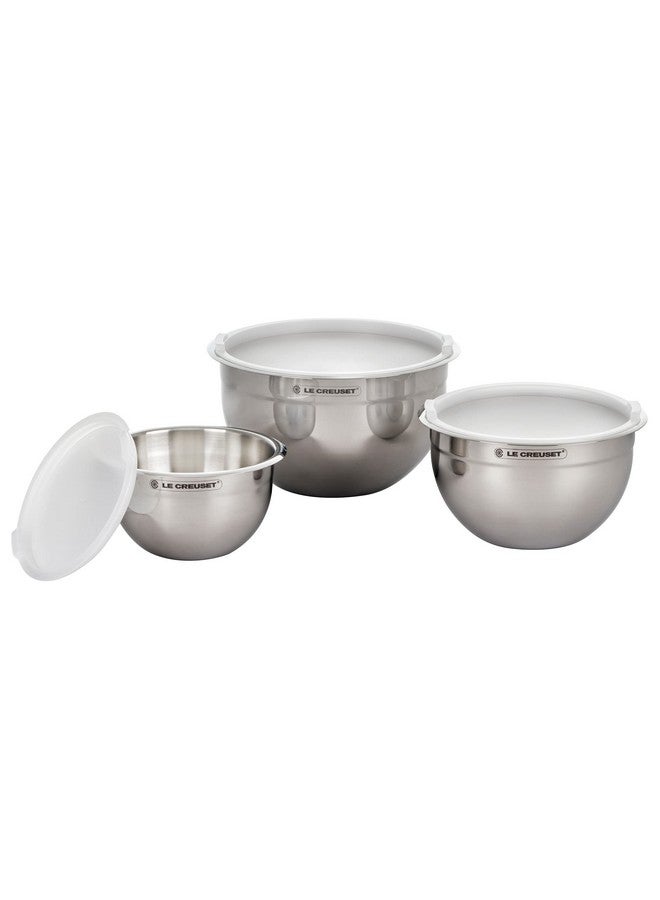 Le Creuset Le Creuset Set of 3 Nested Mixing Bowls w/Nonslip Silicone Base & Plastic Air Tight Lids, Large, Stainless Steel  - Image 1