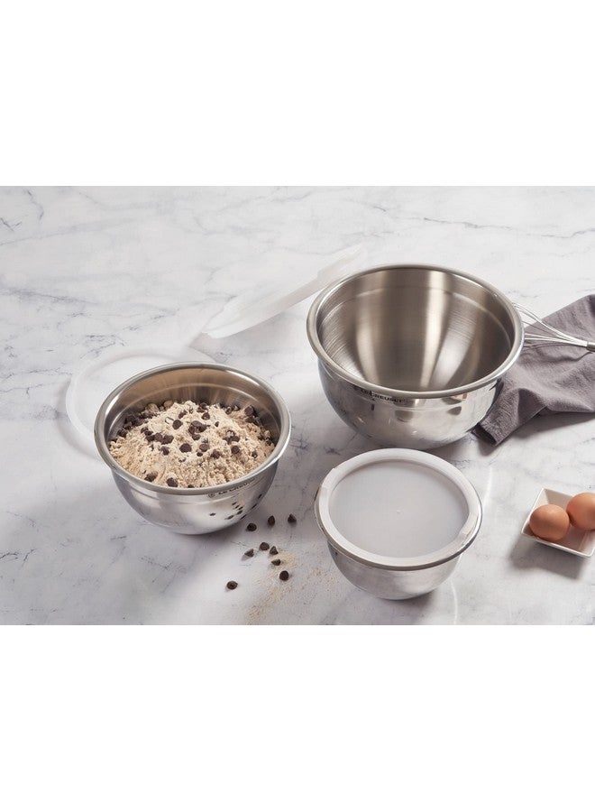 Le Creuset Le Creuset Set of 3 Nested Mixing Bowls w/Nonslip Silicone Base & Plastic Air Tight Lids, Large, Stainless Steel  - Image 4