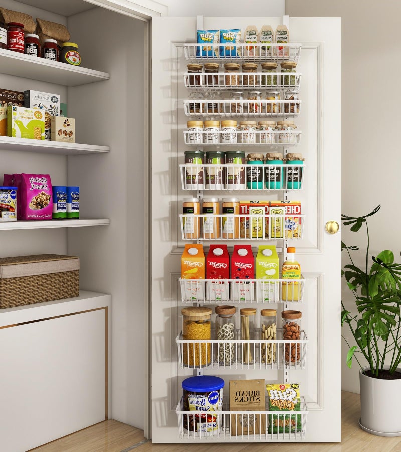 Mefirt Over The Door Pantry Organizer, Wall Mount Spice Rack, Pantry Hanging Storage and Organization, 9 Adjustable Deep Baskets Heavy-Duty Metal for Home & Kitchen, Back of Door Seasoning Rack, White - Image 1