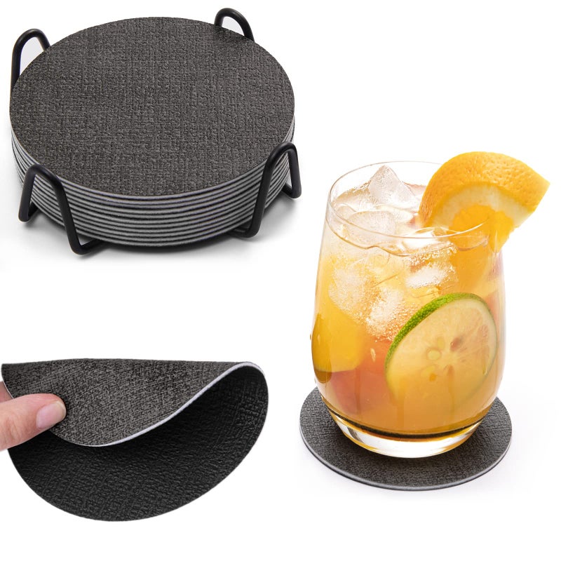 Chitomars Coasters Dual Sided Faux Leather Coaster for Drinks Mug Coaster Non Slip AntiHeat Washable Cup Pad Mats Home and Outdoor Coffee Beer Glass Bottle Bar Grey Black Round