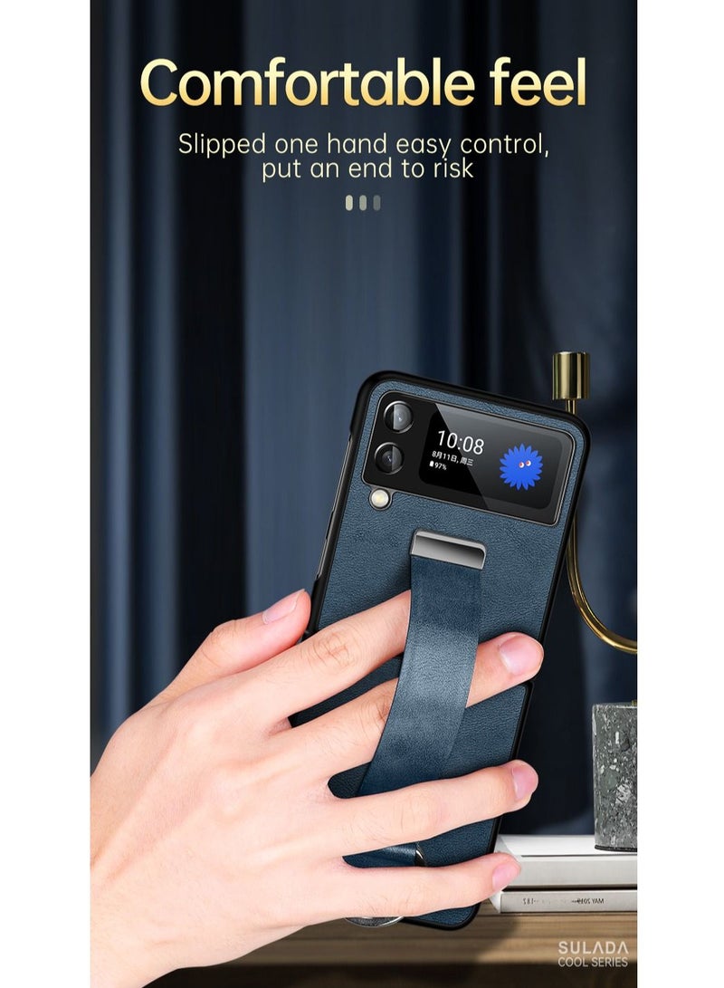 SULADA for Samsung Galaxy Z Flip 3 5G Case Premium PU Leather Wristband Portable Case Durable Minimalist Ultra Thin Slim Cover Protective Phone Case Compatible with Samsung Galaxy Z Flip 3 Blue - Image 2