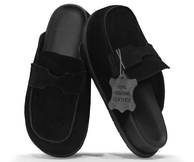 BLUEAGLE 100% Genuine Leather Suede Clogs Slip On Mules with Memory Foam Arch Support & Non-Slip Sole Platform Clog for Women Clogs for Footwear Platform Winter Shoes Black - Image 1