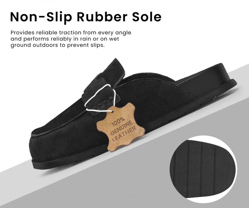 BLUEAGLE 100% Genuine Leather Suede Clogs Slip On Mules with Memory Foam Arch Support & Non-Slip Sole Platform Clog for Women Clogs for Footwear Platform Winter Shoes Black - Image 2