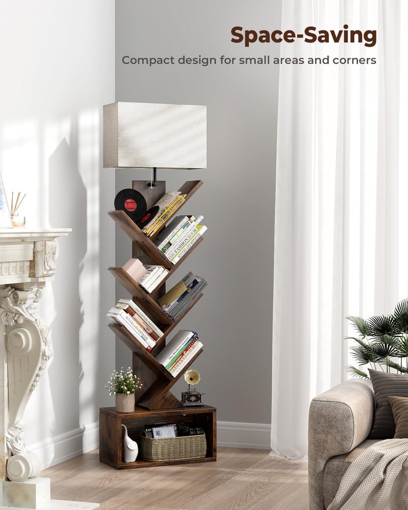 Evermagin 6 Tier Tree Bookshelf with Light, Narrow Bookcase Tower, Tall Floor Standing Book Organizer with Storage Cabinet for Living Room, Bedroom and Home Office, Rustic Brown - Image 5
