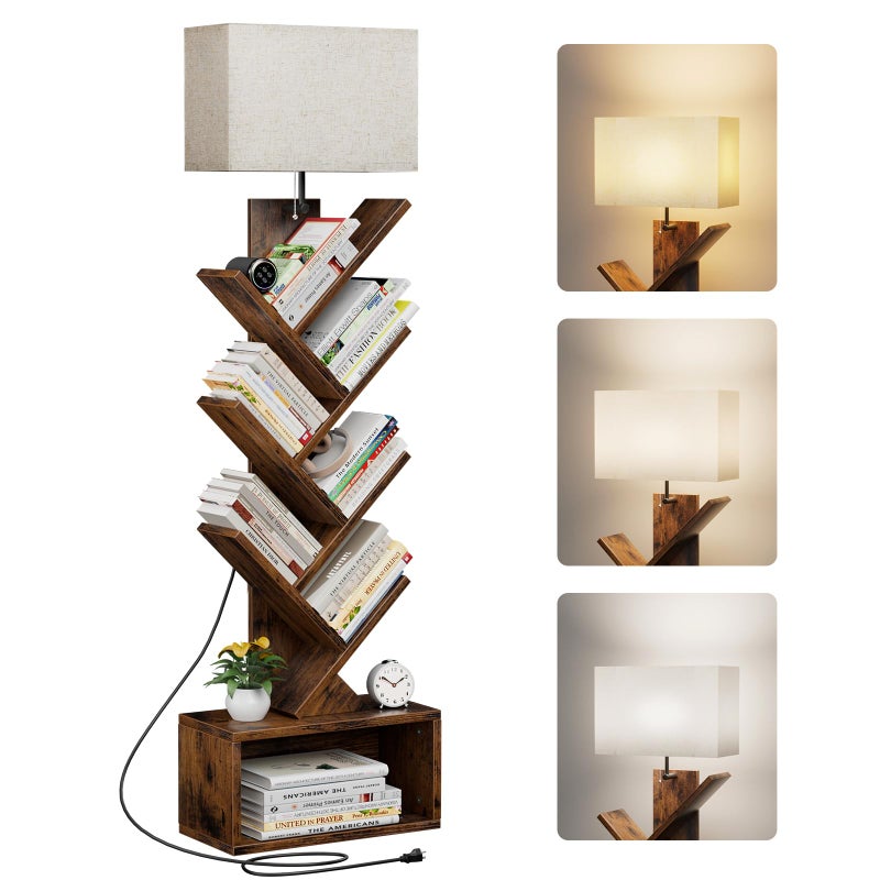 Evermagin 6 Tier Tree Bookshelf with Light, Narrow Bookcase Tower, Tall Floor Standing Book Organizer with Storage Cabinet for Living Room, Bedroom and Home Office, Rustic Brown - Image 1