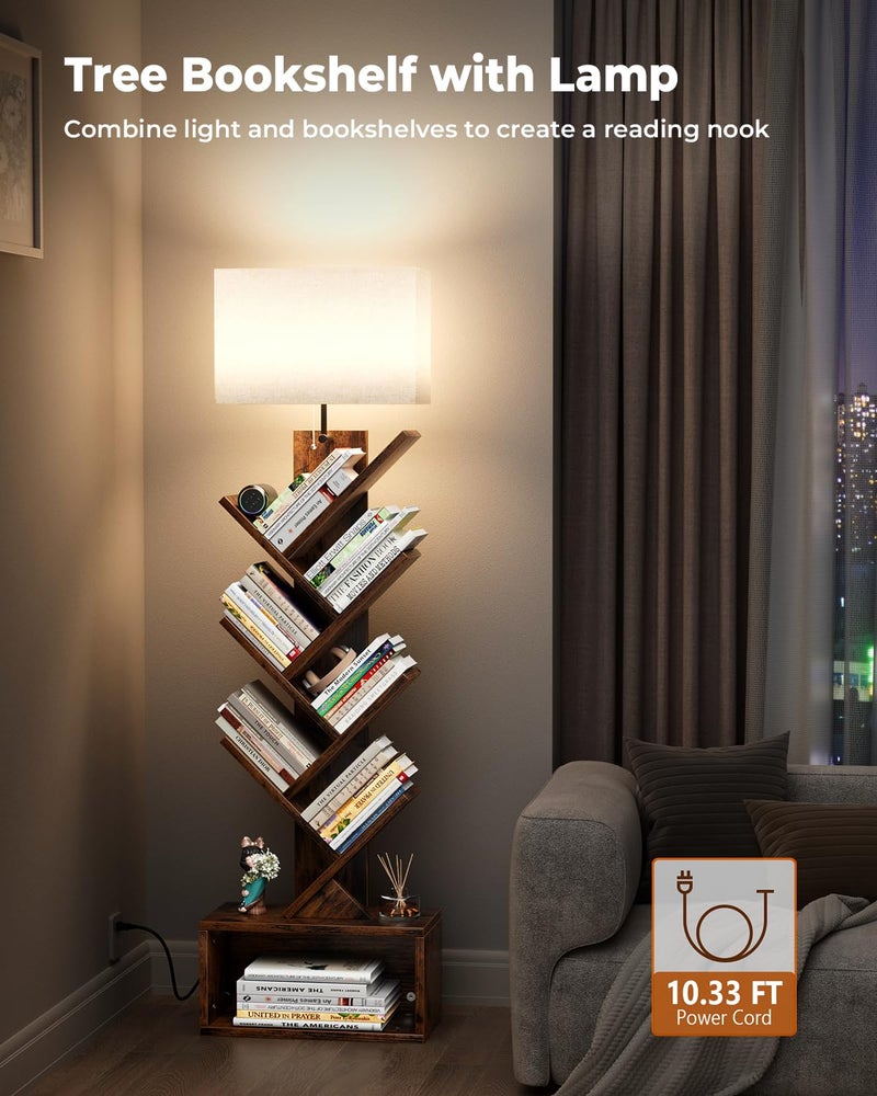 Evermagin 6 Tier Tree Bookshelf with Light, Narrow Bookcase Tower, Tall Floor Standing Book Organizer with Storage Cabinet for Living Room, Bedroom and Home Office, Rustic Brown - Image 2