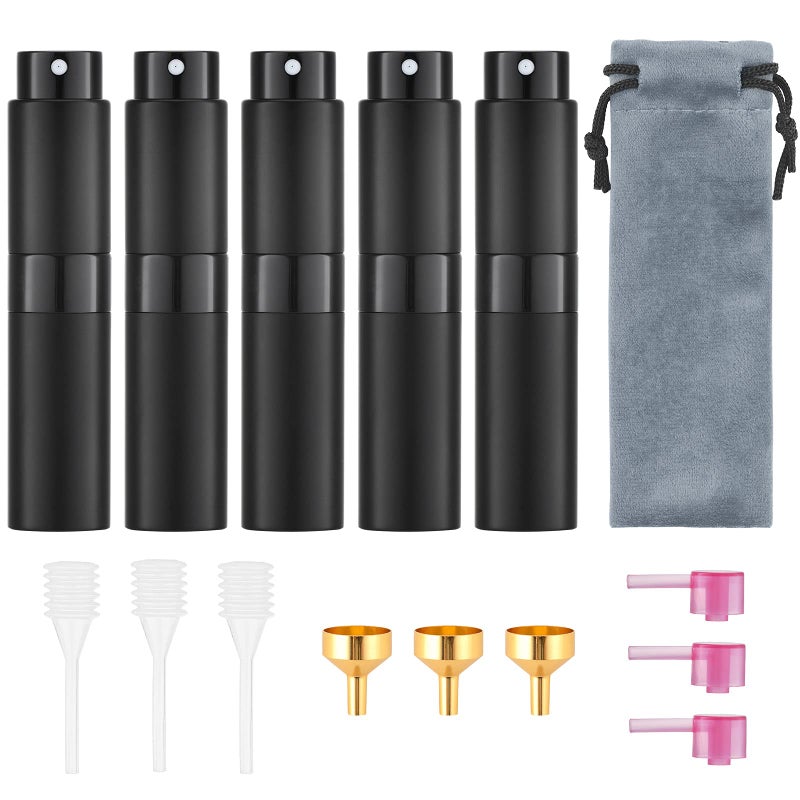 Tekson 5PCS 8ml Travel Perfume Atomizer Refillable Mini Cologne Spray Bottle Empty Small Aftershave Sprayer for Liquid Dispenser Black
