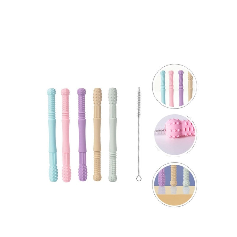 SOLARAE 1 Set Hollow Teething Tubes Soft Silicone Baby Soothing Teether Toy Sensory Chew Straw Toy Molar Sticks with Cleaning Brush for Infants Nursing Biting Chewing - Image 5