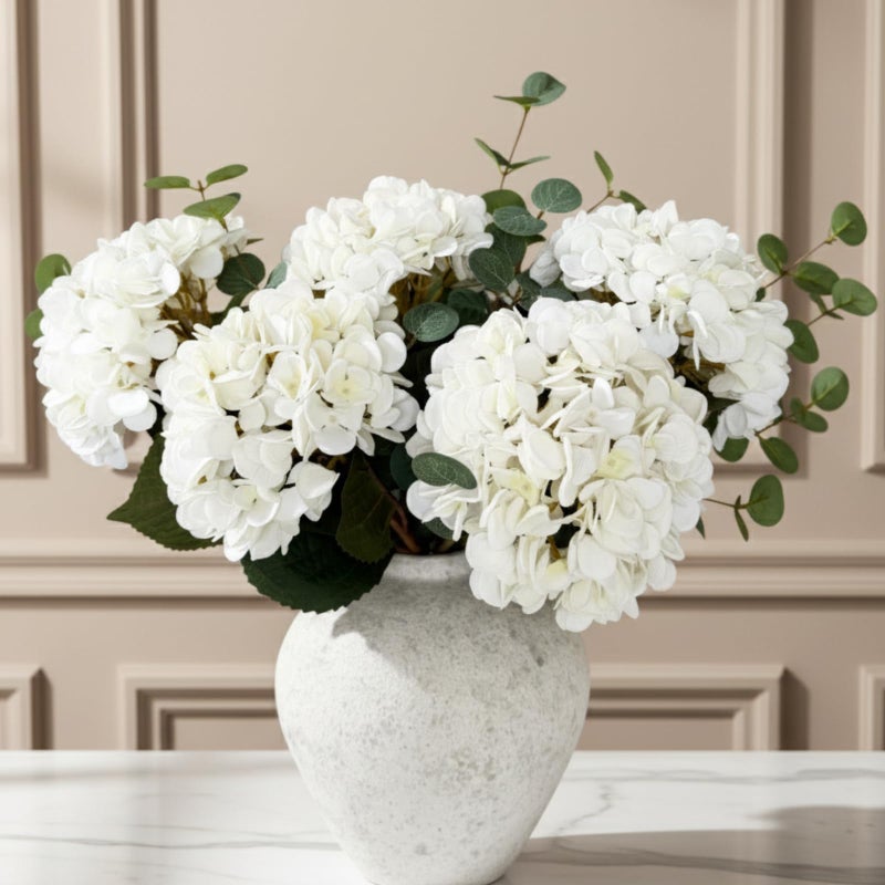 RyddeligHome Real Touch White Faux Hydrangea And Eucalyptus Arrangement, Faux Floral Arrangements, Hyper Realistic Artificial Flowers, White Centerpieces For Kitchen Dining Coffee Table Decor, 5 Heads + Greenery - Image 1