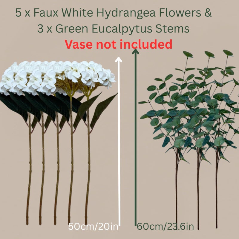 RyddeligHome Real Touch White Faux Hydrangea And Eucalyptus Arrangement, Faux Floral Arrangements, Hyper Realistic Artificial Flowers, White Centerpieces For Kitchen Dining Coffee Table Decor, 5 Heads + Greenery - Image 5