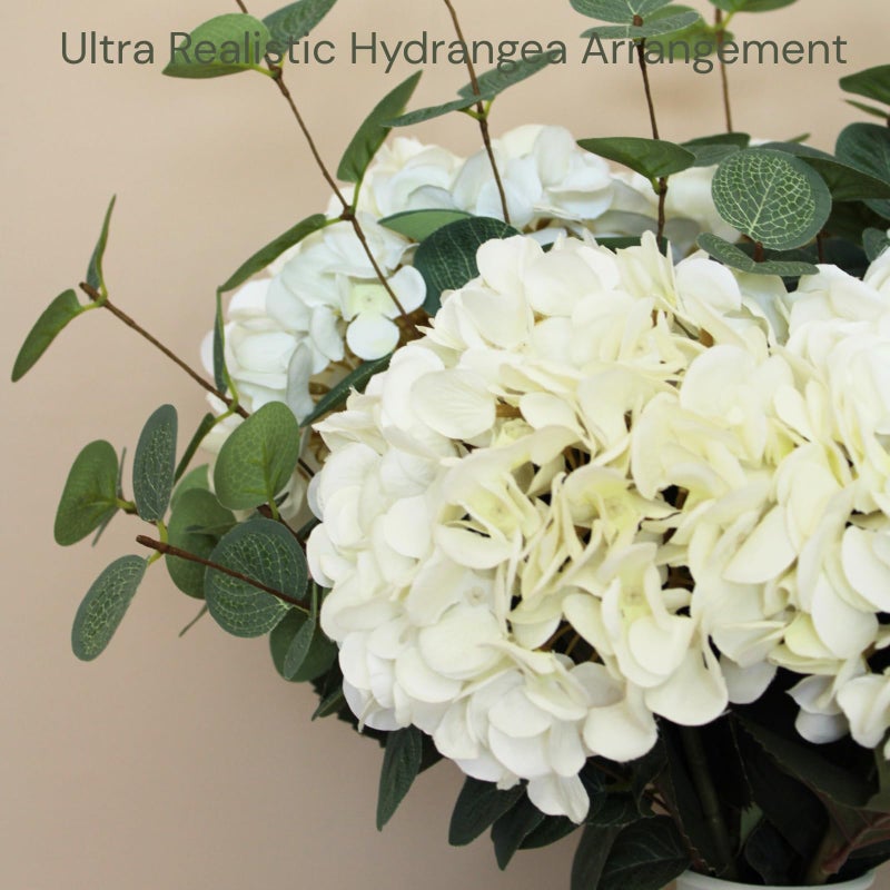RyddeligHome Real Touch White Faux Hydrangea And Eucalyptus Arrangement, Faux Floral Arrangements, Hyper Realistic Artificial Flowers, White Centerpieces For Kitchen Dining Coffee Table Decor, 5 Heads + Greenery - Image 4