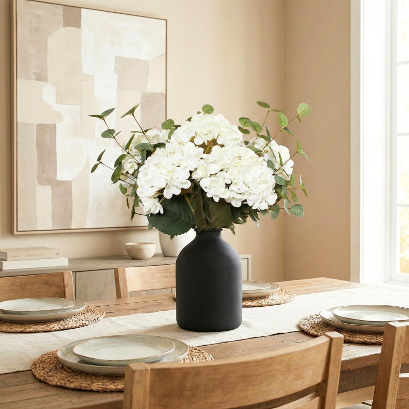 RyddeligHome Real Touch White Faux Hydrangea And Eucalyptus Arrangement, Faux Floral Arrangements, Hyper Realistic Artificial Flowers, White Centerpieces For Kitchen Dining Coffee Table Decor, 5 Heads + Greenery - Image 3