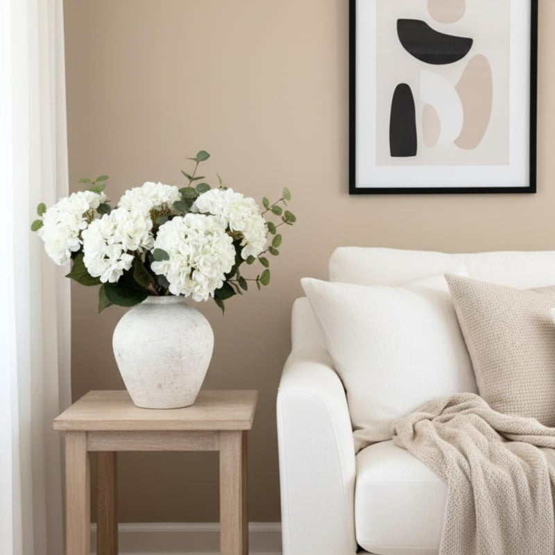 RyddeligHome Real Touch White Faux Hydrangea And Eucalyptus Arrangement, Faux Floral Arrangements, Hyper Realistic Artificial Flowers, White Centerpieces For Kitchen Dining Coffee Table Decor, 5 Heads + Greenery - Image 2