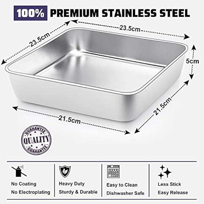 Joyfair 9 Inch Cake Tin Set Of 2 Stainless Steel Square Baking Pan Baking Tray Great For Birthday Christmas Brownie Lasagna Bakeware Healthy  Durable Matte Finished  Dishwasher Safe 235 Cm - Image 3