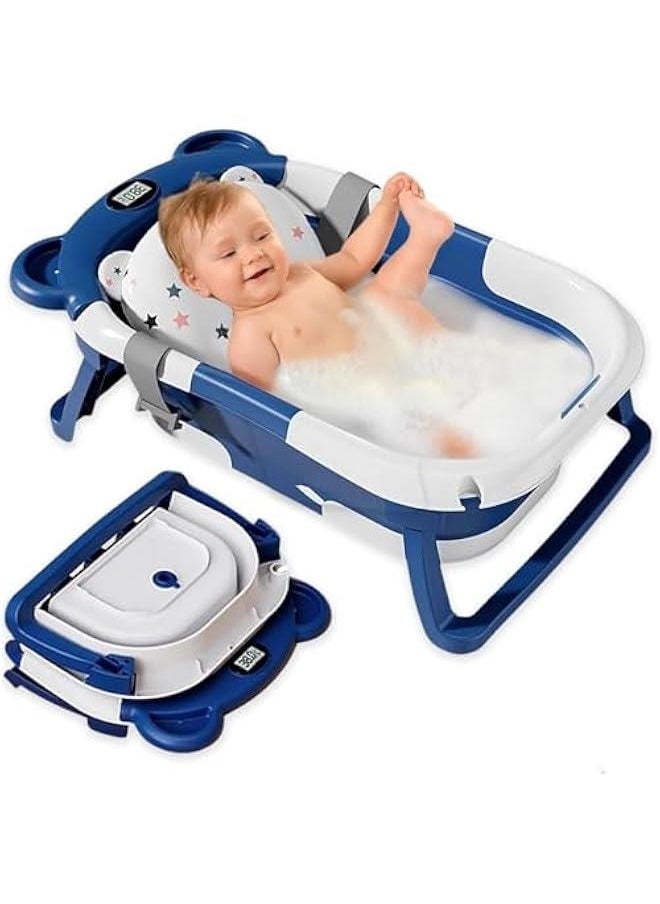 HOOKOR Baby Folding Bathtub, Portable Collapsible Toddler Bath Tub With Baby Cushion Temperature Sensor Drain Hole and Bath for Newborn Infant Toddler, Sitting Lying Large Safe Bathtub (Blue)  - Image 1