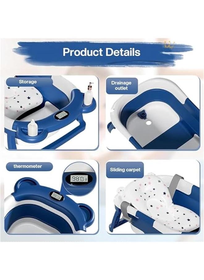 HOOKOR Baby Folding Bathtub, Portable Collapsible Toddler Bath Tub With Baby Cushion Temperature Sensor Drain Hole and Bath for Newborn Infant Toddler, Sitting Lying Large Safe Bathtub (Blue)  - Image 3