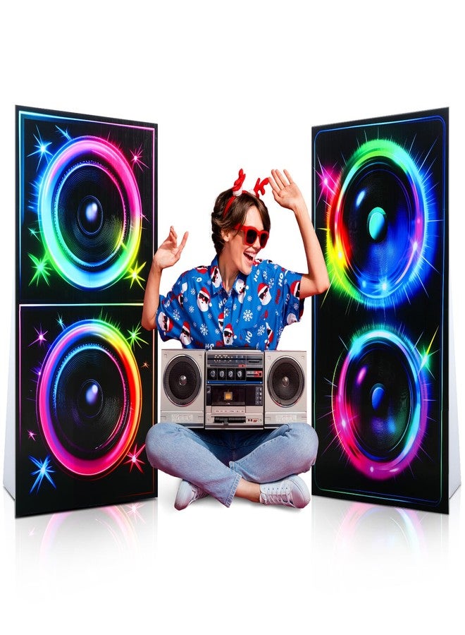 Beeveer 2 Pcs 4 ft 80s 90s Boom Box Cardboard Cutout Life Size Back to 1980s 1990s Theme Party Decorations Hip Hop Retro Music Neon DJ Speaker Photo Props Stand up for Birthday Party Decor Supplies - Image 1
