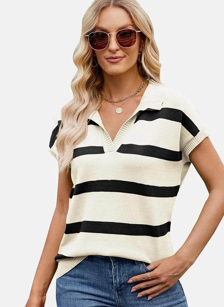 YUNIQEE Beige Collared Striped Top