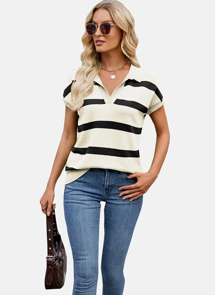 YUNIQEE Beige Collared Striped Top