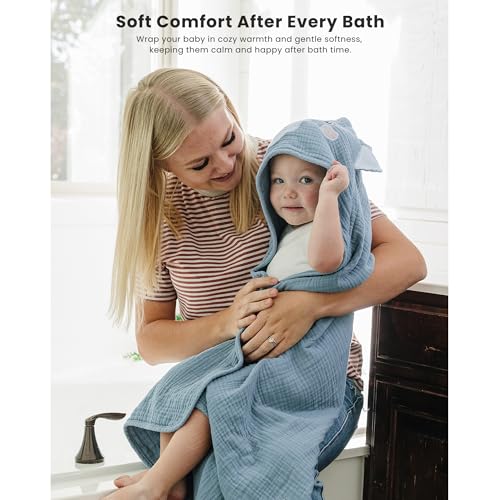 Konssy 2Pack Muslin Baby Hooded Towels 100 Cotton Soft and Absorbent Baby Bath Towels for Newborn Infant Toddler with Animal Hooded DesignElephant Bear - Image 3