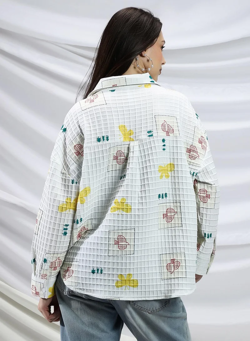 Campus Sutra Campus Sutra Women's Chalk White Butterfly Pine Relaxed Shirt For Casual Wear | Spread Collar | Long Cuffed Sleeves | Button Closure | Shirt Crafted With Comfort Fit For Everyday Wear