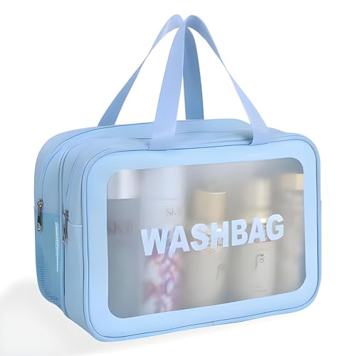OCEANEVO Pvc Washbag Dual Compartment Makeup Organiser Pouch, Cosmetic Bag, Travel Toiletry Bag for Men and Women - 30 x 20 x 14 Cm - Sky Blue - Image 1