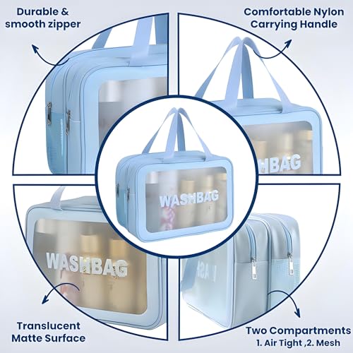 OCEANEVO Pvc Washbag Dual Compartment Makeup Organiser Pouch, Cosmetic Bag, Travel Toiletry Bag for Men and Women - 30 x 20 x 14 Cm - Sky Blue - Image 3