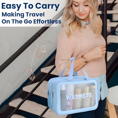 OCEANEVO Pvc Washbag Dual Compartment Makeup Organiser Pouch, Cosmetic Bag, Travel Toiletry Bag for Men and Women - 30 x 20 x 14 Cm - Sky Blue - Image 4
