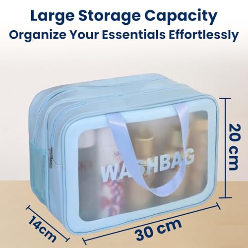 OCEANEVO Pvc Washbag Dual Compartment Makeup Organiser Pouch, Cosmetic Bag, Travel Toiletry Bag for Men and Women - 30 x 20 x 14 Cm - Sky Blue - Image 2