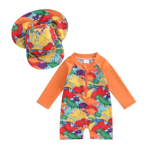 Socutebabe Toddler Infant Baby Boys Swimsuit Kids Rash Guard One Piece Newborn Zipper Bathing Suit Swimwear with Hat (Dinosaur Orange,3-6 Months) - Image 1
