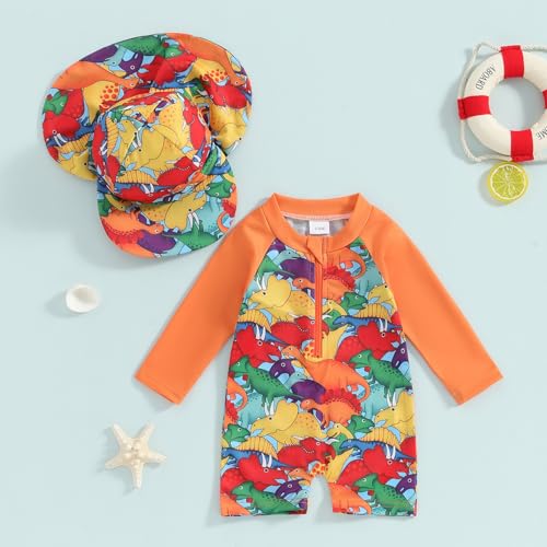 Socutebabe Toddler Infant Baby Boys Swimsuit Kids Rash Guard One Piece Newborn Zipper Bathing Suit Swimwear with Hat (Dinosaur Orange,3-6 Months) - Image 2