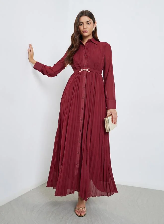 Styli Styli Pleated Shirt Maxi Dress with Belt Detail
